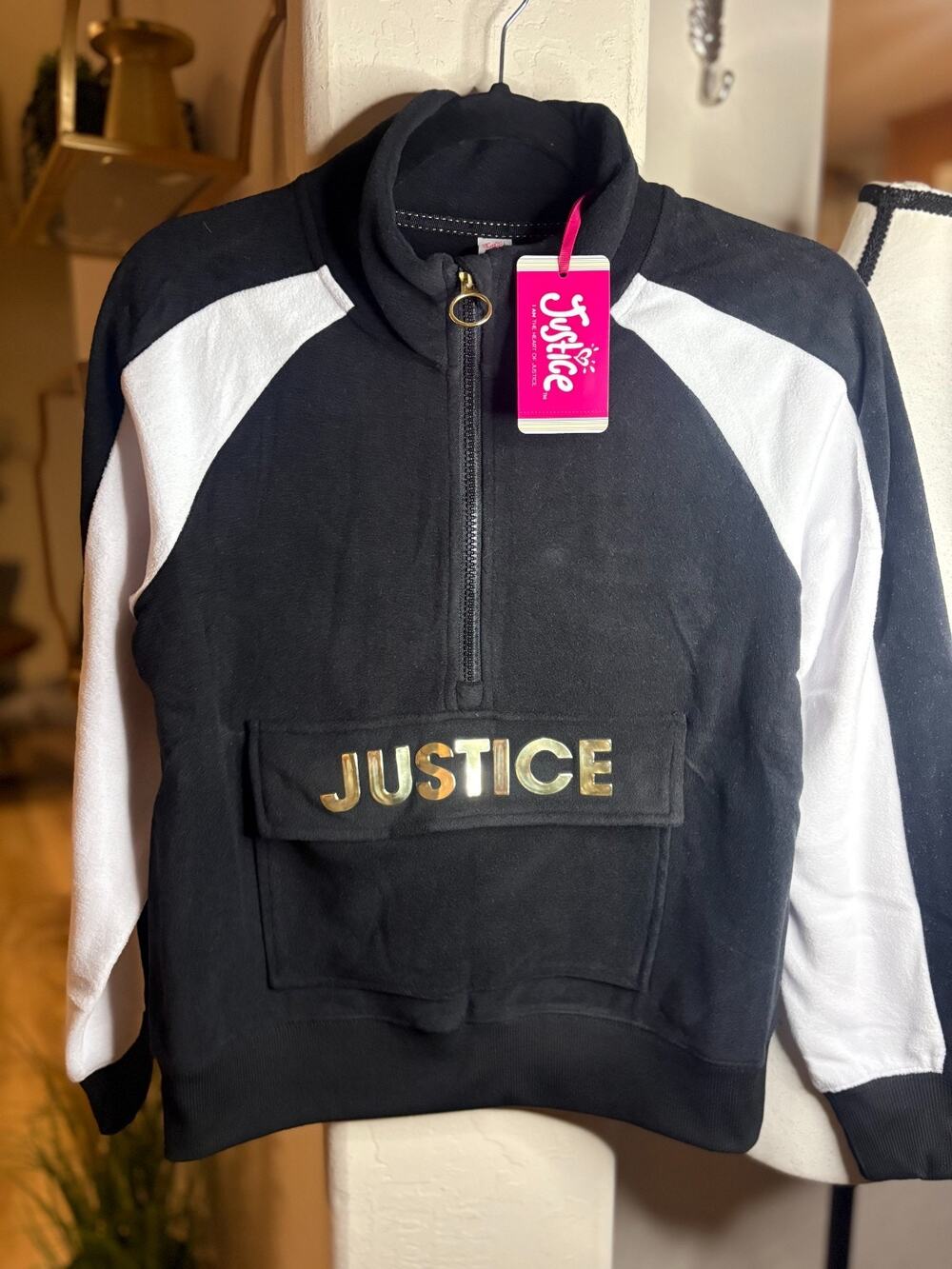 Justice Girl's Blavk/White Half Zip Fleece Hoodie Size L 12/14 NEW